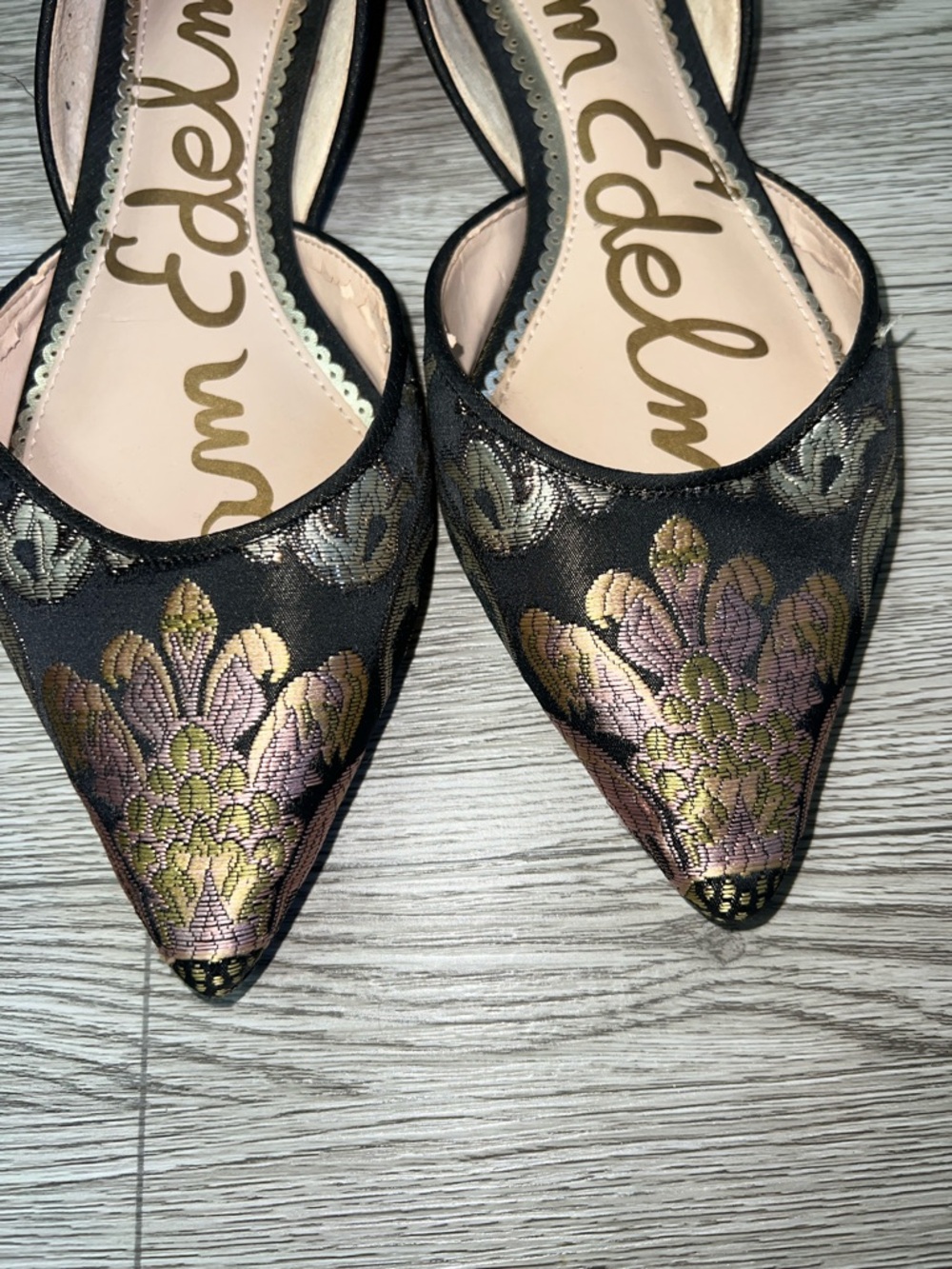 Sam Edelman Black Pointed D'Orsay Flats with Pink and Gold Floral Embroidery - Picture 3 of 12